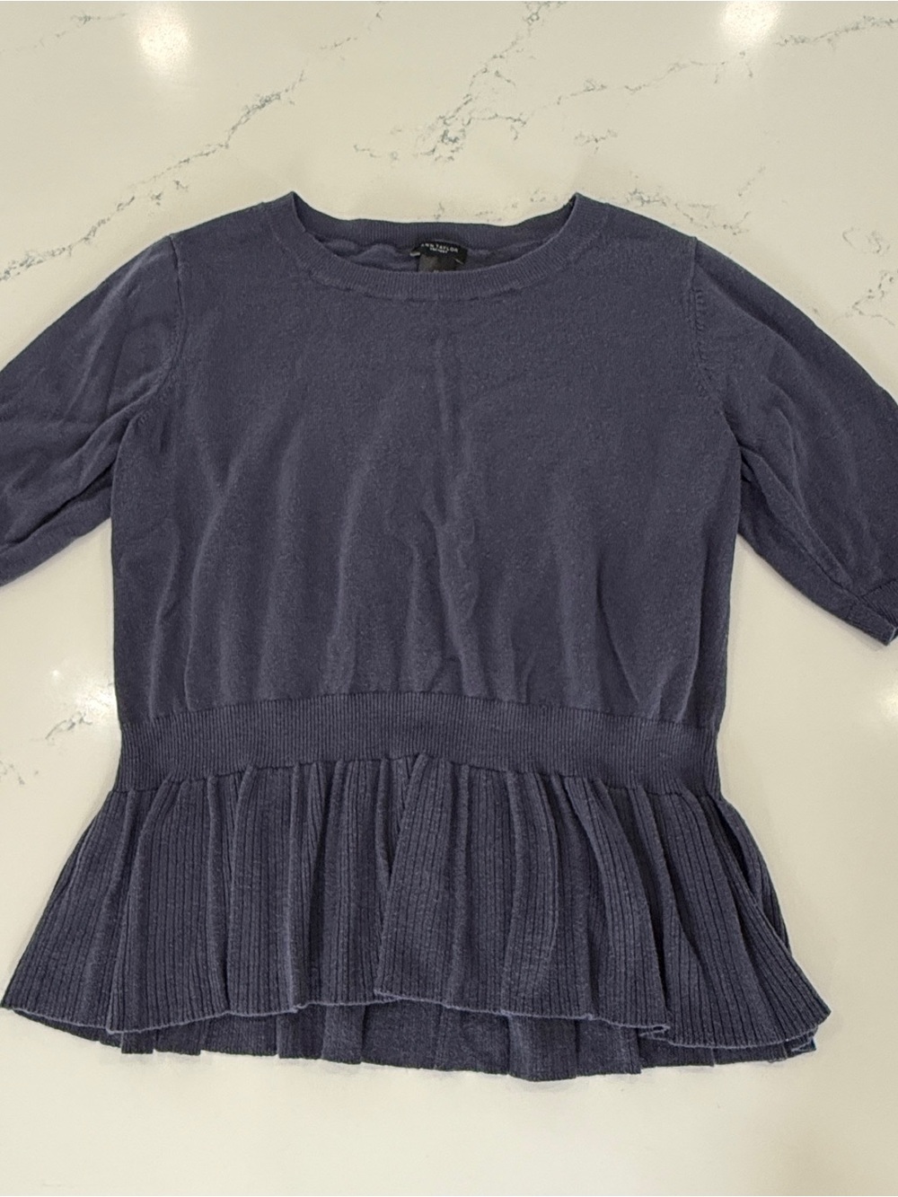 Ann Taylor Navy Pleated Peplum Short-Sleeve Top